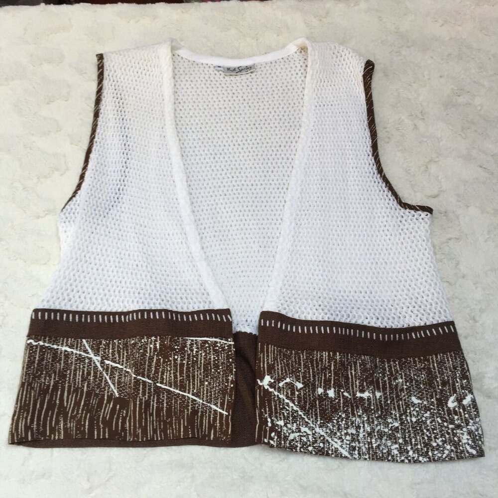 Vintage KD Spring Knit Vest Womens Medium Brown White Drawstring Back Open Front